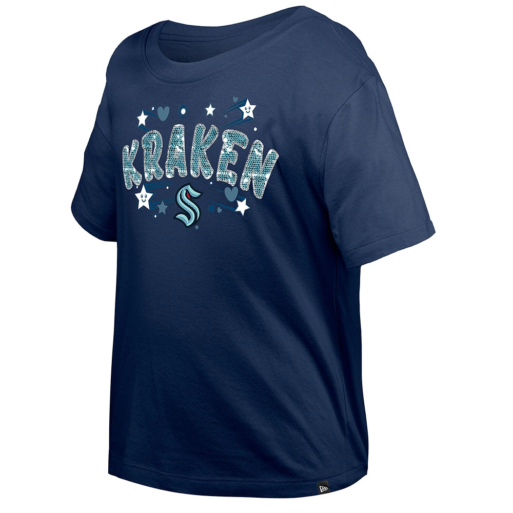 T-shirt à paillettes bleu marine Seattle Kraken Flip pour fille New Era