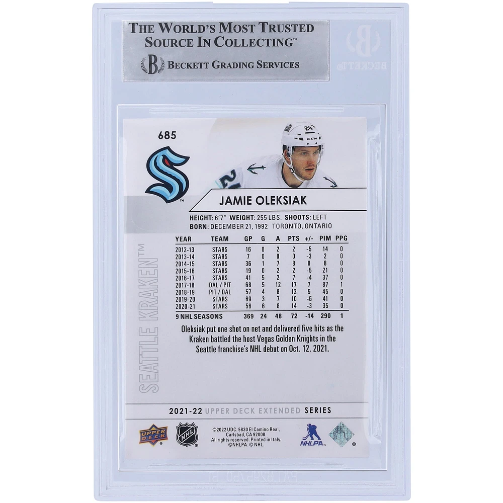 Jamie Oleksiak Seattle Kraken Autographed 2021-22 Upper Deck Extended Series #685 Beckett Fanatics Witnessed Authenticated Card