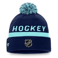 Men's Fanatics Deep Sea Blue Seattle Kraken Authentic Pro Locker Room Cuffed Knit Hat with Pom