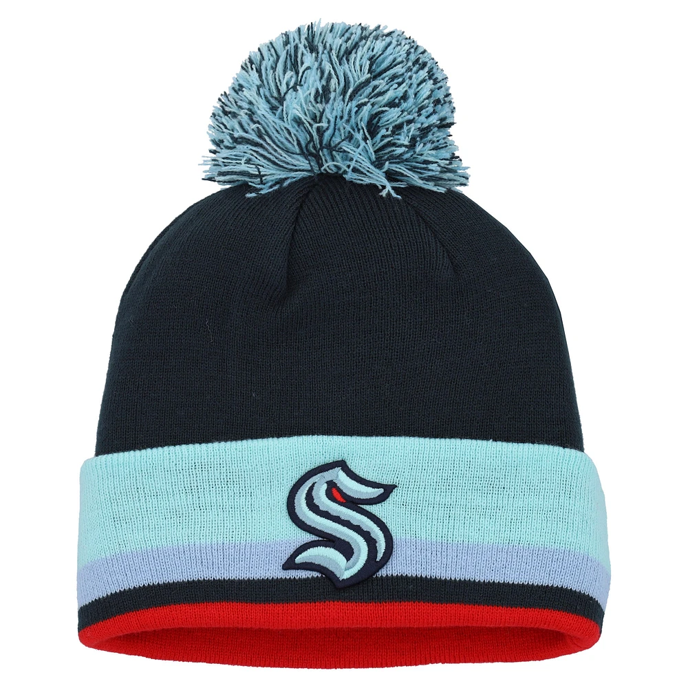 Men's adidas Deep Sea Blue Seattle Kraken Team Stripe Cuffed Knit Hat with Pom