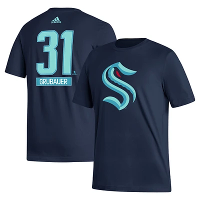 T-shirt adidas Philipp Grubauer pour hommes, bleu marine, Seattle Kraken Fresh, nom et numéro