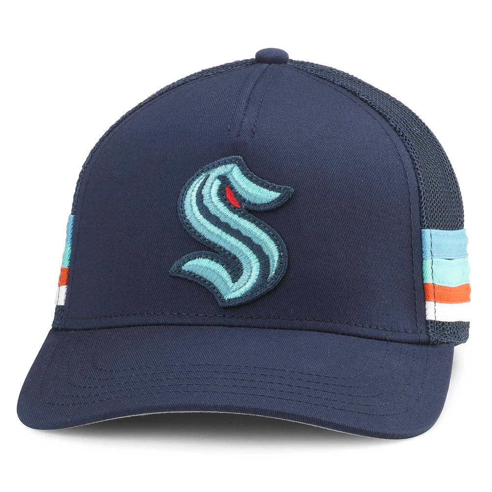 Men's American Needle Deep Sea Blue Seattle Kraken HotFoot Stripes Trucker Adjustable Hat