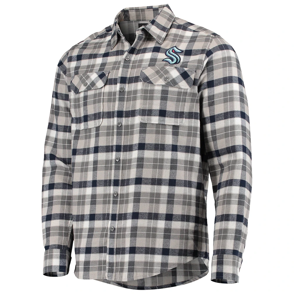 Men's Antigua Deep Sea Blue/Gray Seattle Kraken Ease Plaid Button-Up Long Sleeve Shirt
