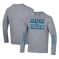 Men's Champion Heather Gray Seattle Kraken Tri-Blend Dual-Stripe Long Sleeve T-Shirt