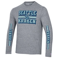 T-shirt à manches longues Champion Heather Grey Seattle Kraken Tri-Blend double bande pour hommes