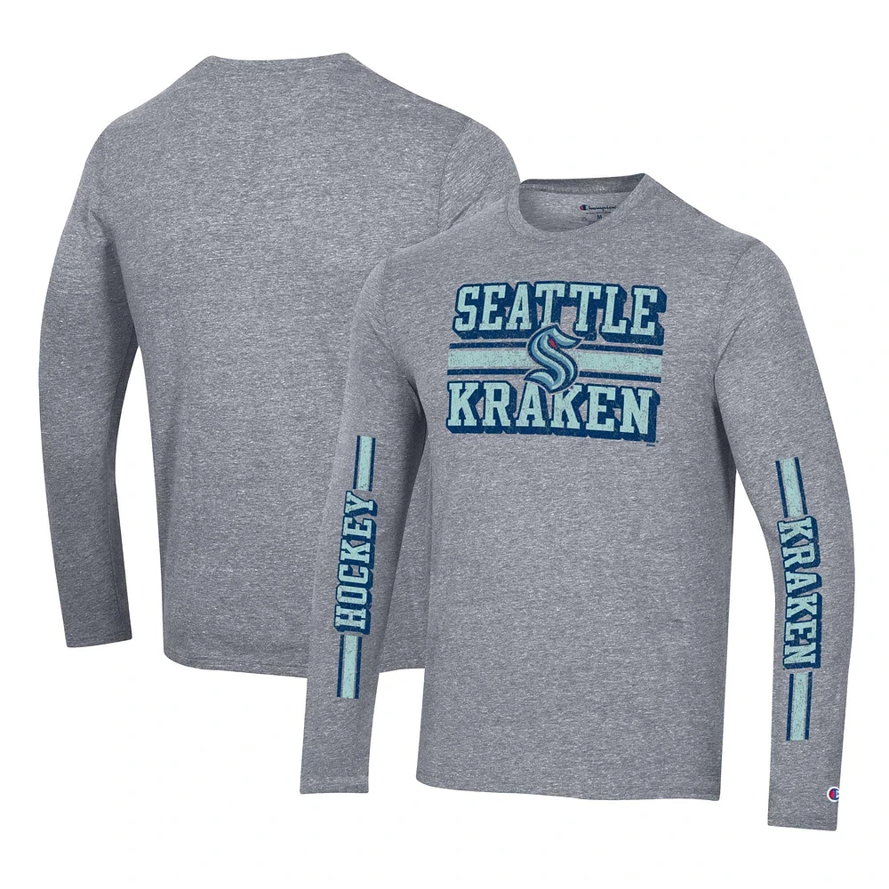 Men's Champion Heather Gray Seattle Kraken Tri-Blend Dual-Stripe Long Sleeve T-Shirt