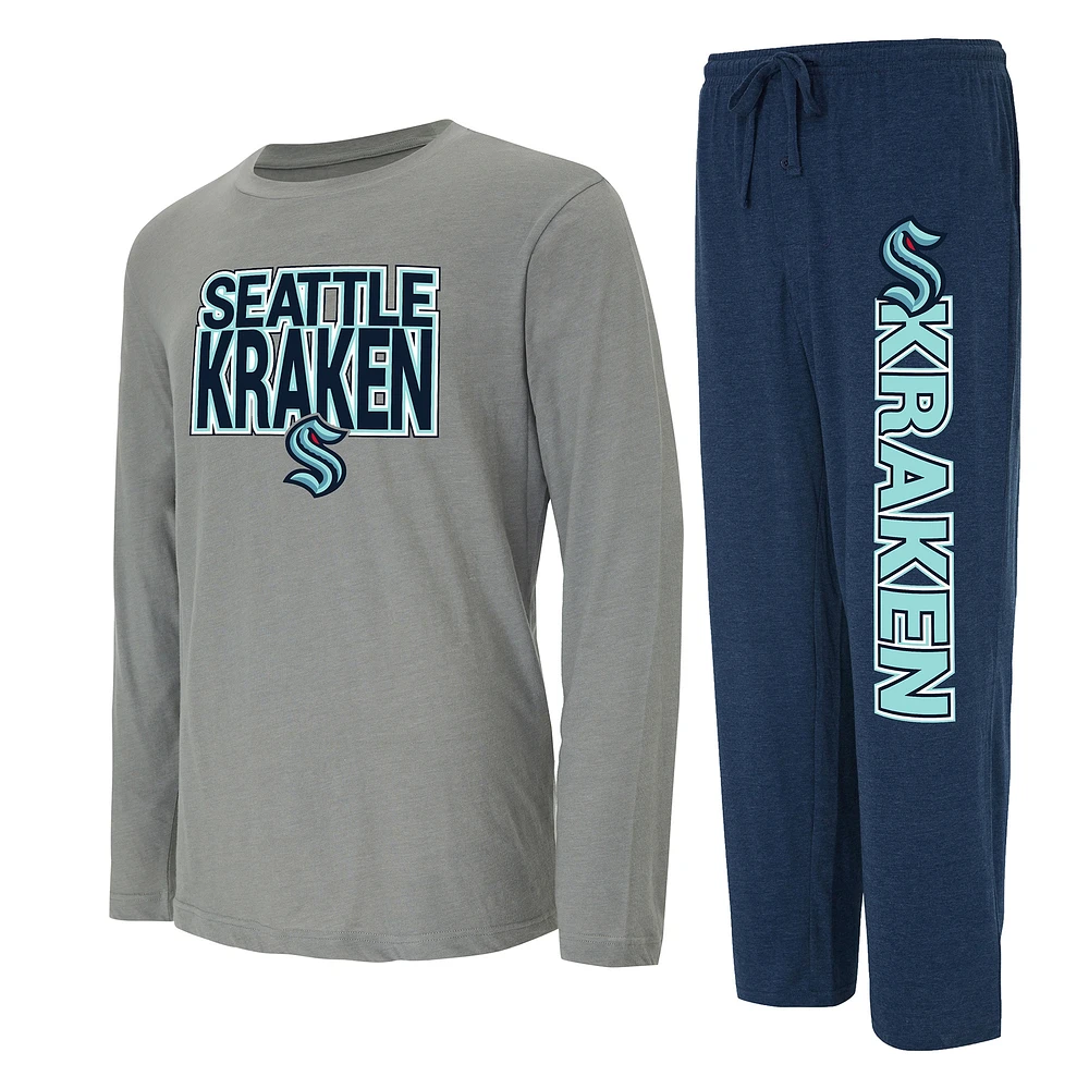 Ensemble de nuit pour hommes Concepts Sport bleu marine/gris Seattle Kraken Meter T-shirt à manches longues et pantalon