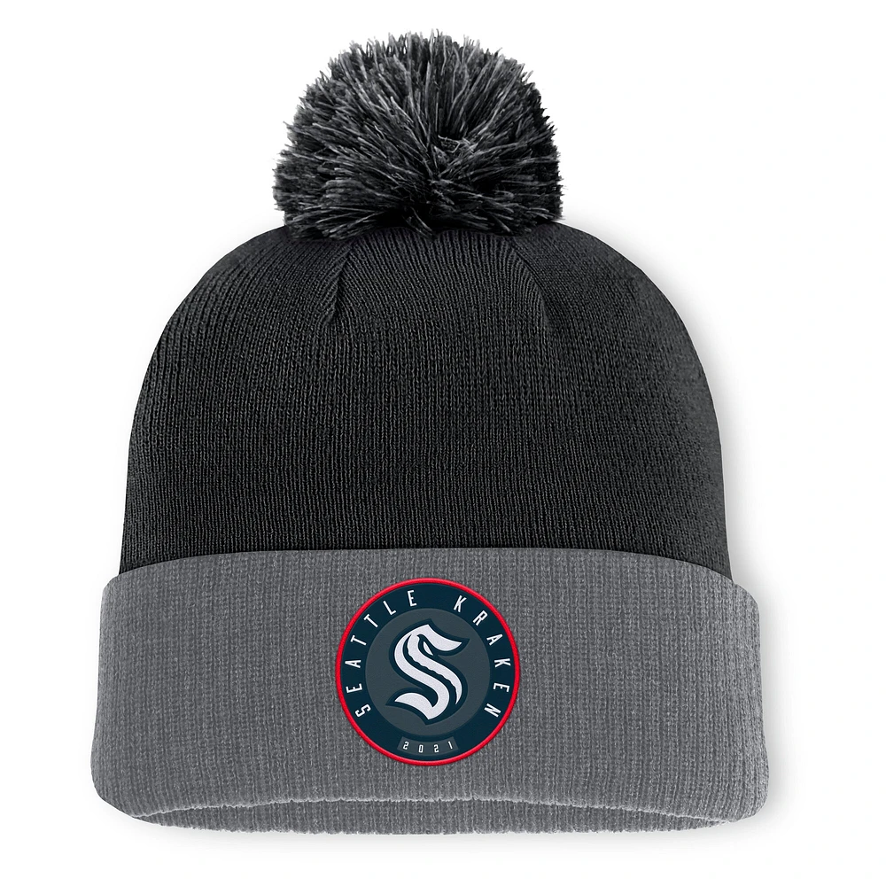 Bonnet en tricot à revers et pompon Seattle Kraken noir Fanatics pour homme