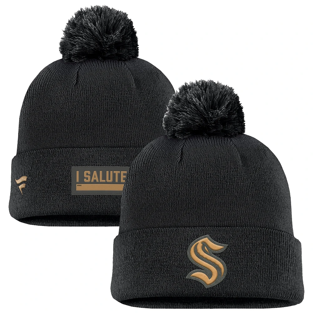 Men's Fanatics Black Seattle Kraken Military Appreciation Cuffed Knit Hat with Pom