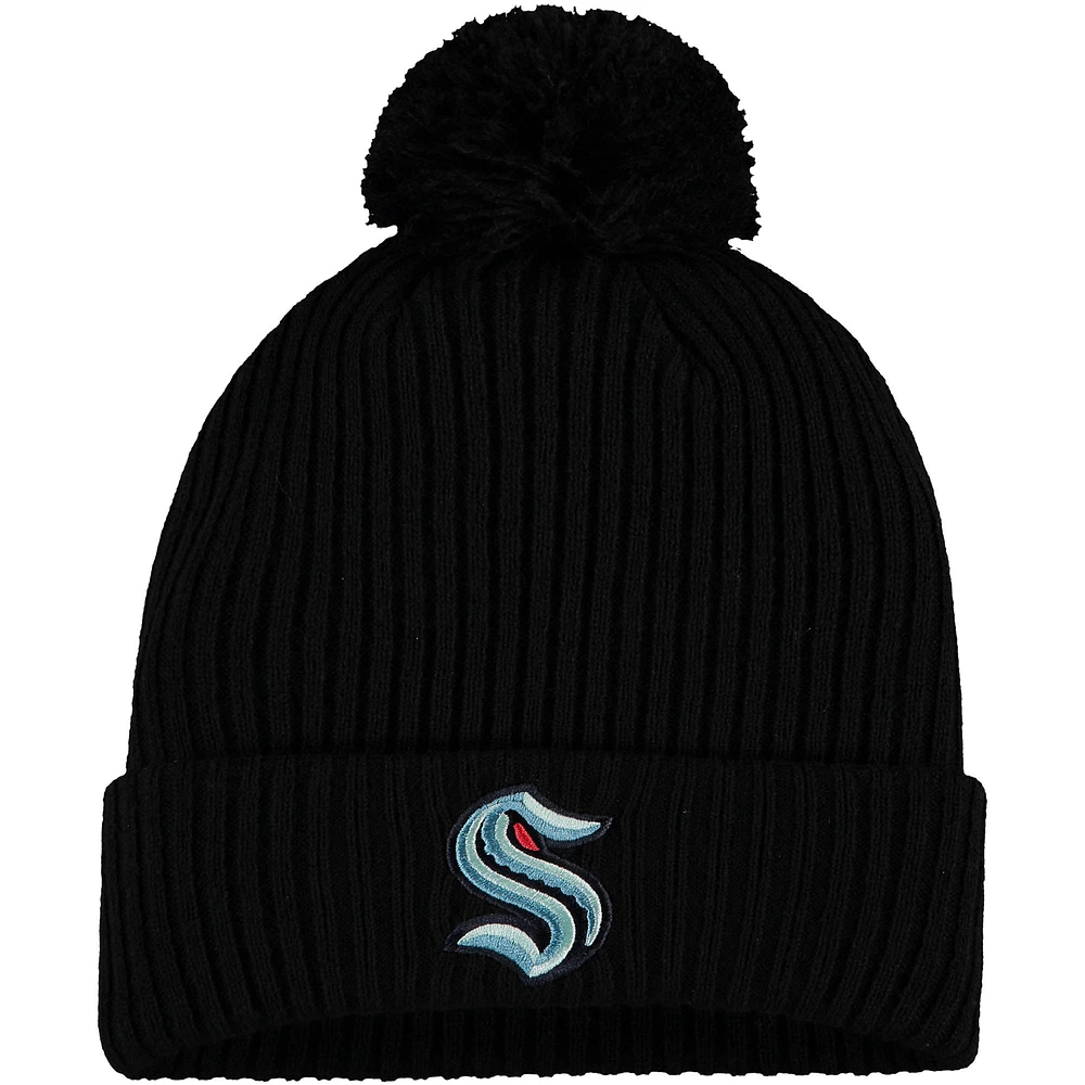 Bonnet en tricot à revers avec logo principal Seattle Kraken Fanatics noir pour hommes avec pompon