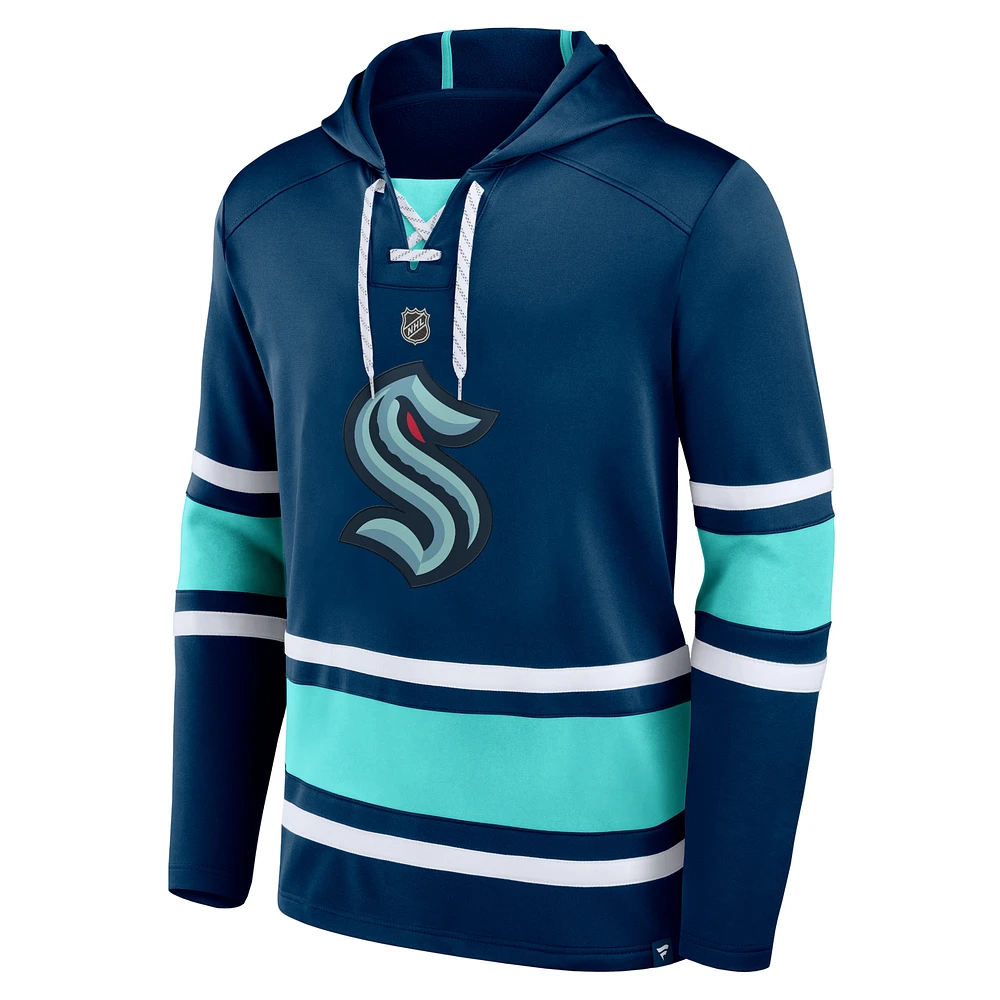 Fanatics pour hommes Brandon Tanev Deep Sea Blue Seattle Kraken Nom et numéro Pull à capuche lacets