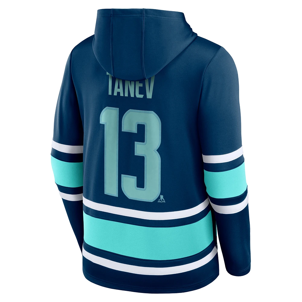 Fanatics pour hommes Brandon Tanev Deep Sea Blue Seattle Kraken Nom et numéro Pull à capuche lacets