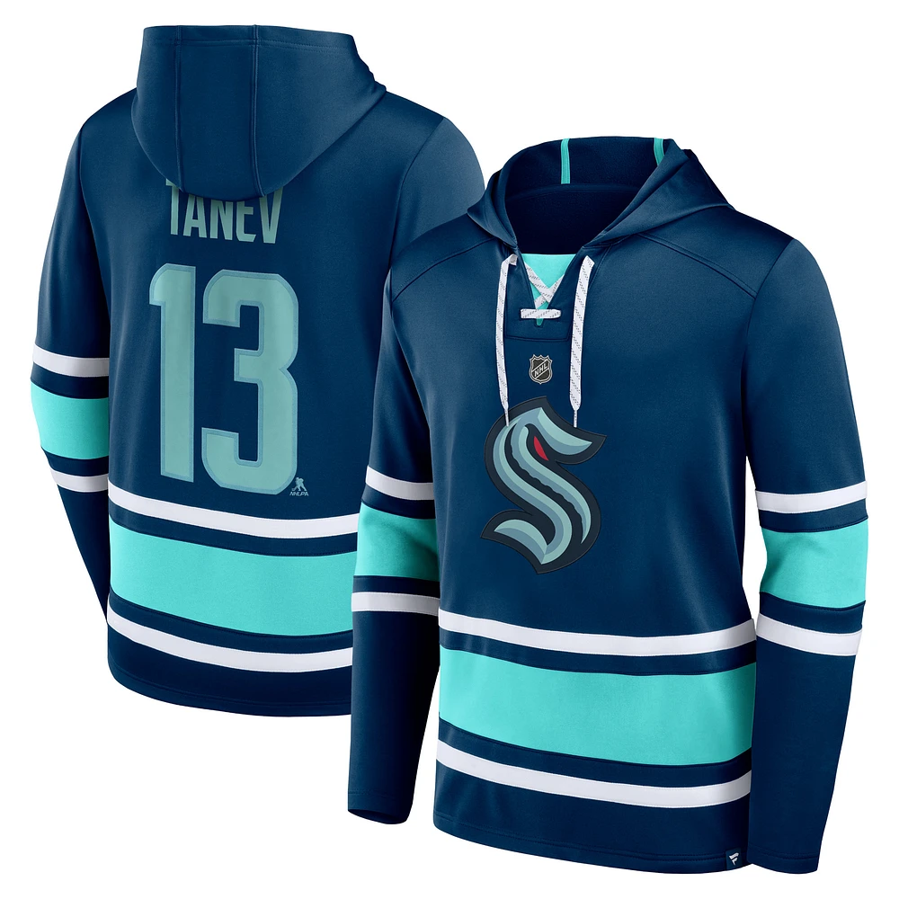 Fanatics pour hommes Brandon Tanev Deep Sea Blue Seattle Kraken Nom et numéro Pull à capuche lacets