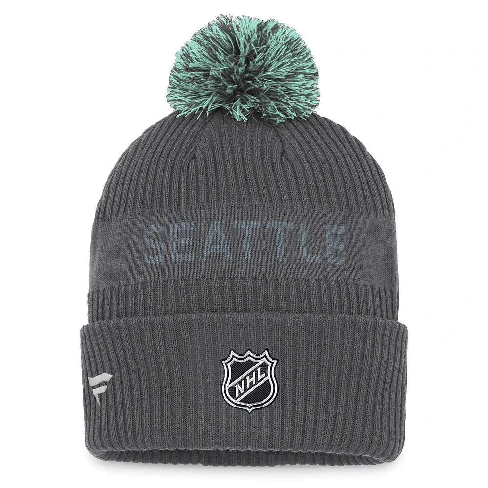 Men's Fanatics Charcoal Seattle Kraken Authentic Pro Home Ice Cuffed Knit Hat with Pom