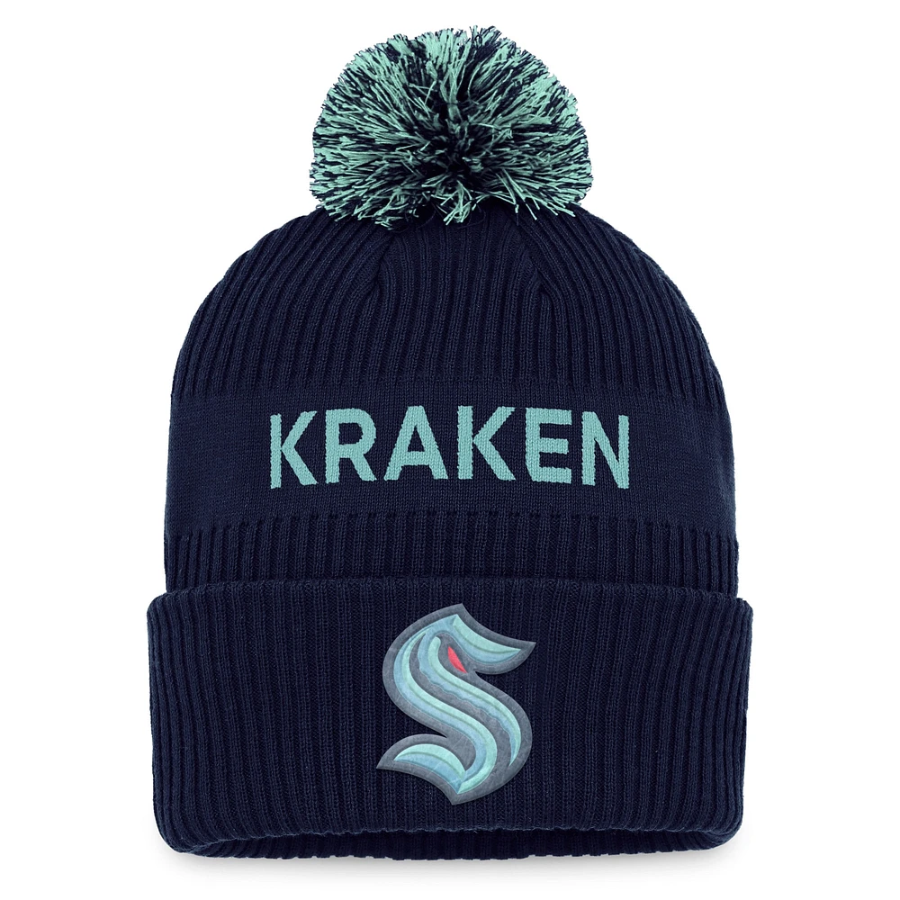 Men's Fanatics Deep Sea Blue/Light Blue Seattle Kraken 2022 NHL Draft Authentic Pro Cuffed Knit Hat with Pom