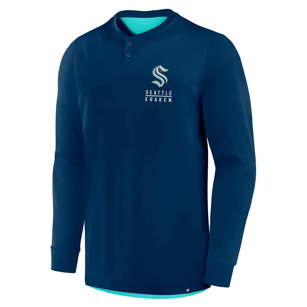 T-shirt Henley à manches longues bleu marine pour homme, Seattle Kraken Adrenaline Push