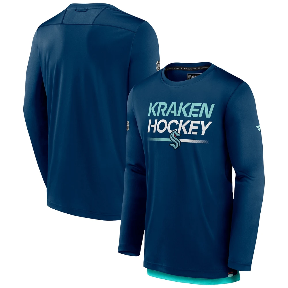 T-shirt à manches longues Seattle Kraken Authentic Pro Fanatics Deep Sea Blue pour hommes