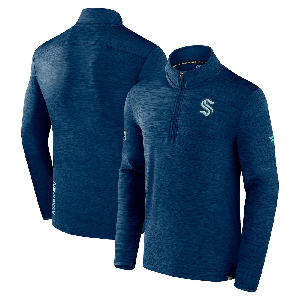 Haut à pull quart de zip Seattle Kraken Authentic Pro Fanatics Deep Sea Blue pour hommes