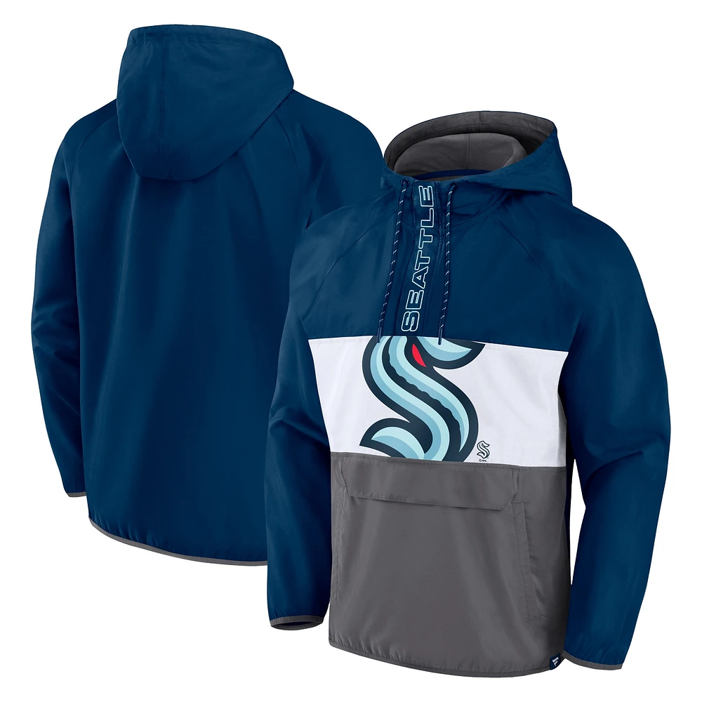 Men's Fanatics Deep Sea Blue Seattle Kraken Flagrant Foul Anorak Raglan Half-Zip Hoodie Jacket