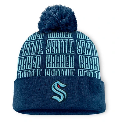 Bonnet en tricot à revers avec pompon pour homme Fanatics Deep Sea Blue Seattle Kraken Fundamental Empty Net