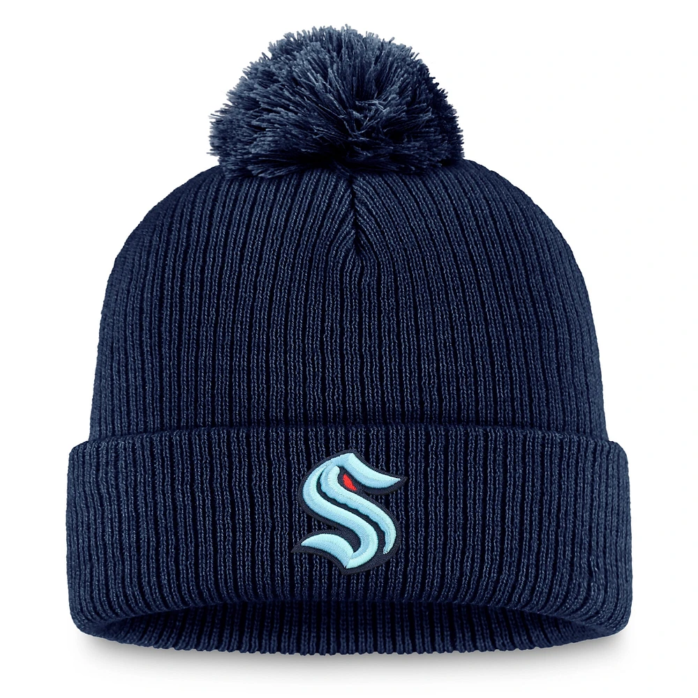 Bonnet en tricot à revers avec logo principal du Seattle Kraken Fanatics Deep Sea Blue pour homme avec pompon