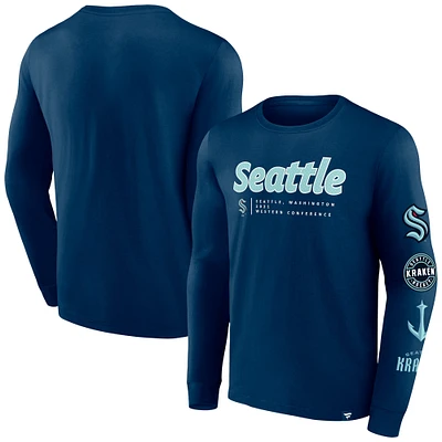 T-shirt à manches longues Fanatics Deep Sea Blue Seattle Kraken Strike the Goal pour hommes