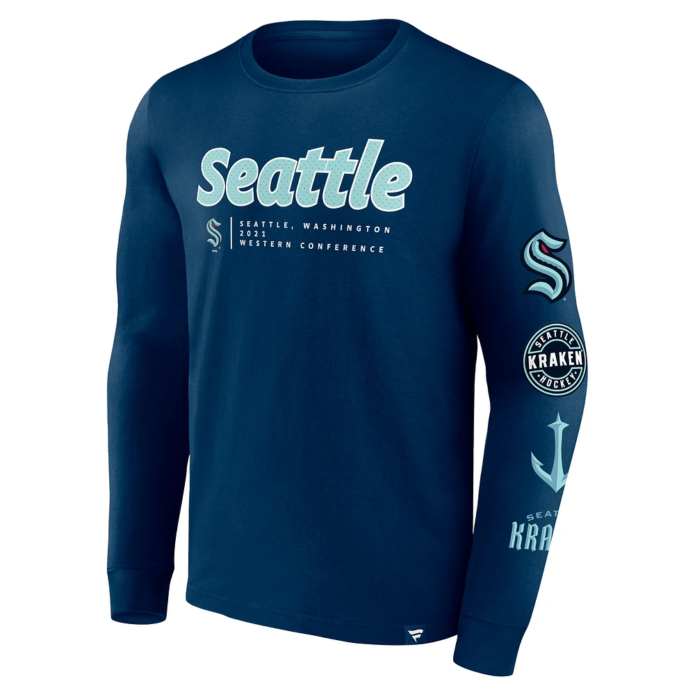 T-shirt à manches longues Fanatics Deep Sea Blue Seattle Kraken Strike the Goal pour hommes