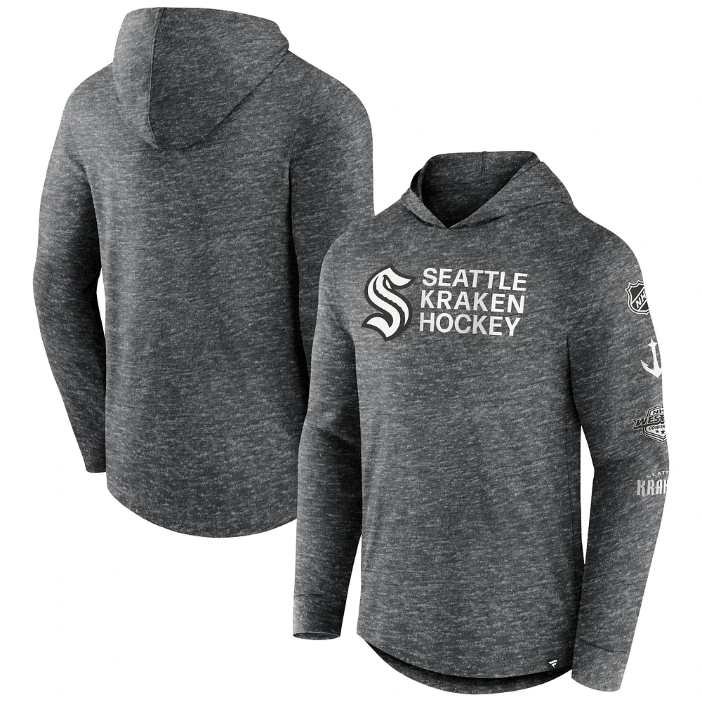 Men's Fanatics  Heather Charcoal Seattle Kraken Stacked Long Sleeve Hoodie T-Shirt