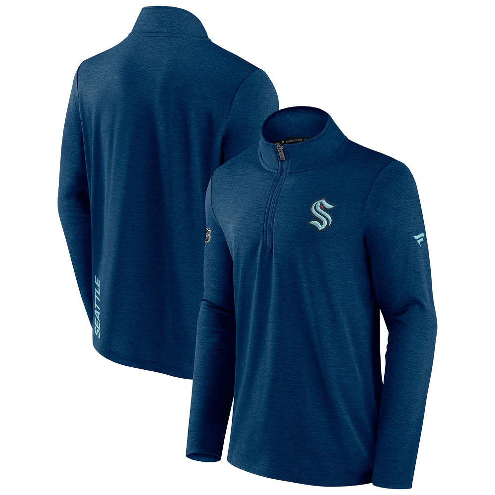 Men's Fanatics Heather Deep Sea Blue Seattle Kraken 2022 Authentic Pro Fleece - Quarter-Zip Jacket