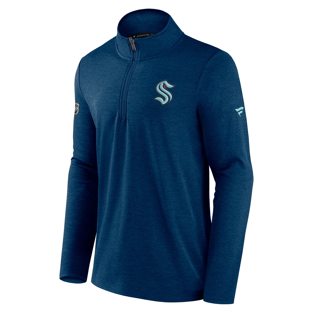 Men's Fanatics Heather Deep Sea Blue Seattle Kraken Authentic Pro Rink Quarter-Zip Jacket