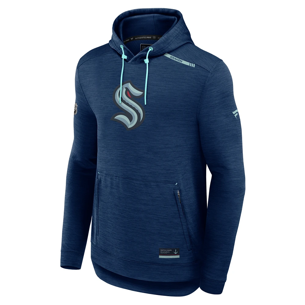 Men's Fanatics Heather Deep Sea Blue Seattle Kraken Authentic Pro Tech Pullover Hoodie