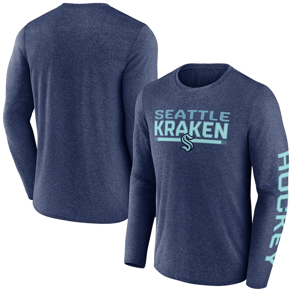 T-shirt synthétique emblématique à manches longues pour homme Fanatics Heather Deep Sea Blue Seattle Kraken Sweep