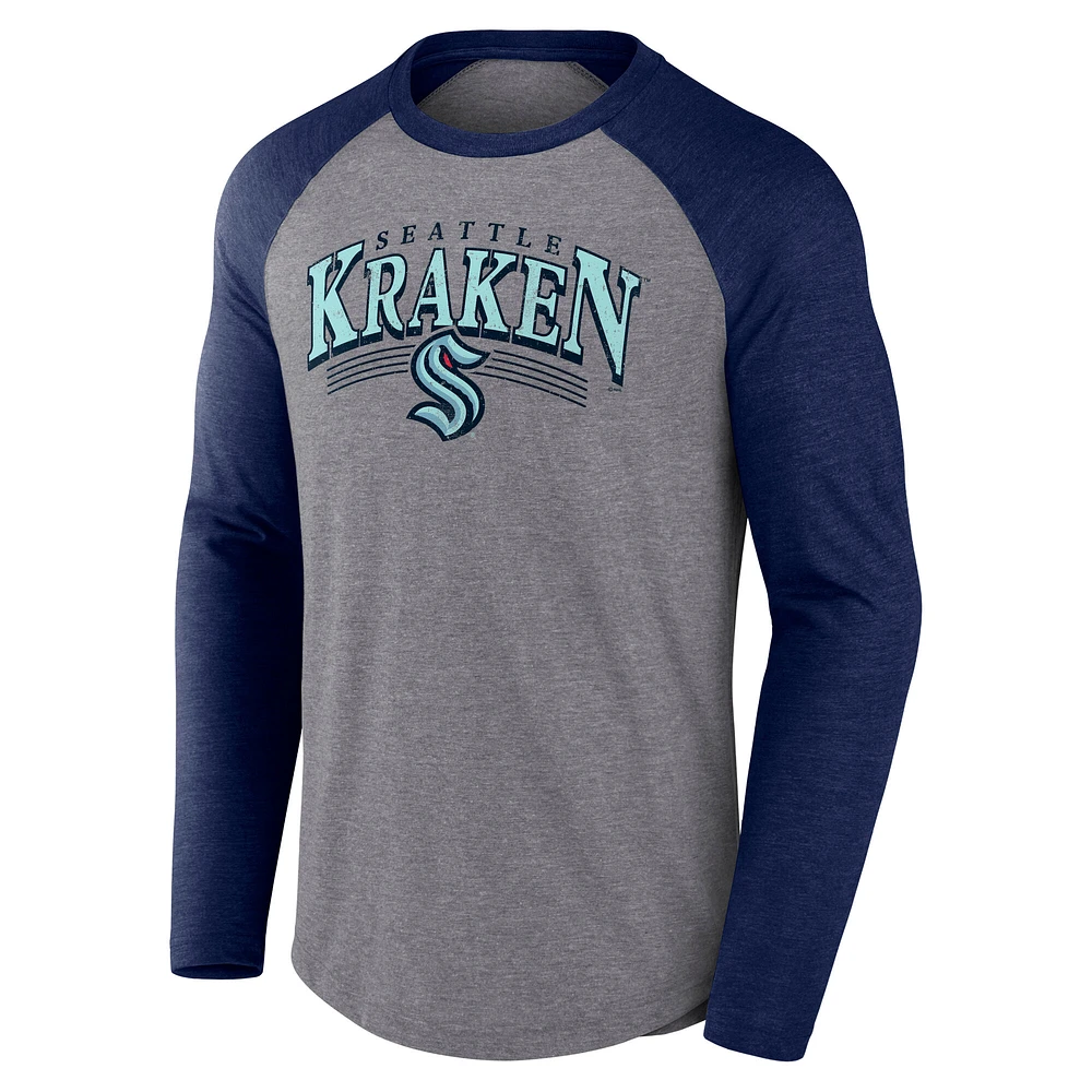 Men's Fanatics Heather Gray/Heather Deep Sea Blue Seattle Kraken Goal Crease Raglan Tri-Blend Long Sleeve T-Shirt