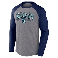 Men's Fanatics Heather Gray/Heather Deep Sea Blue Seattle Kraken Goal Crease Raglan Tri-Blend Long Sleeve T-Shirt
