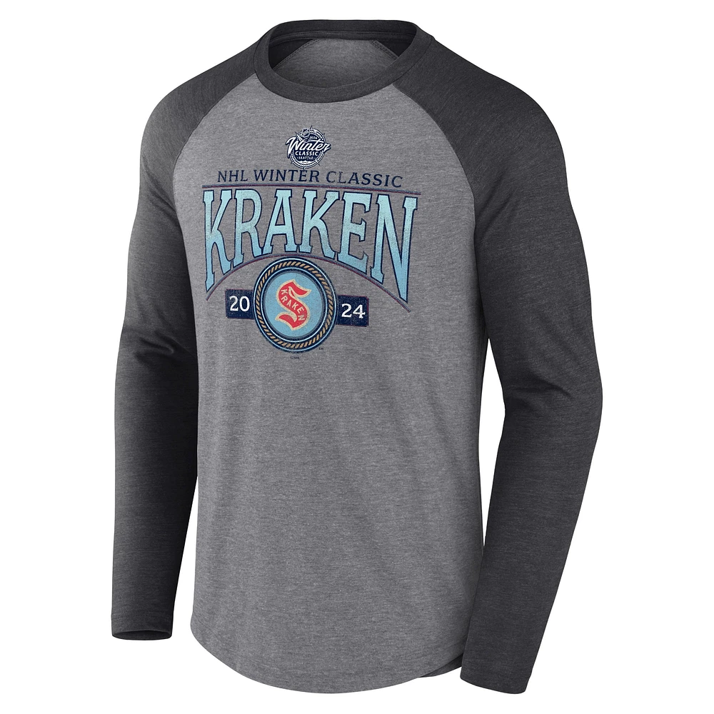 T-shirt à manches longues tri-mélange vieilli classique fanatiques pour hommes Seattle Kraken 2024 NHL