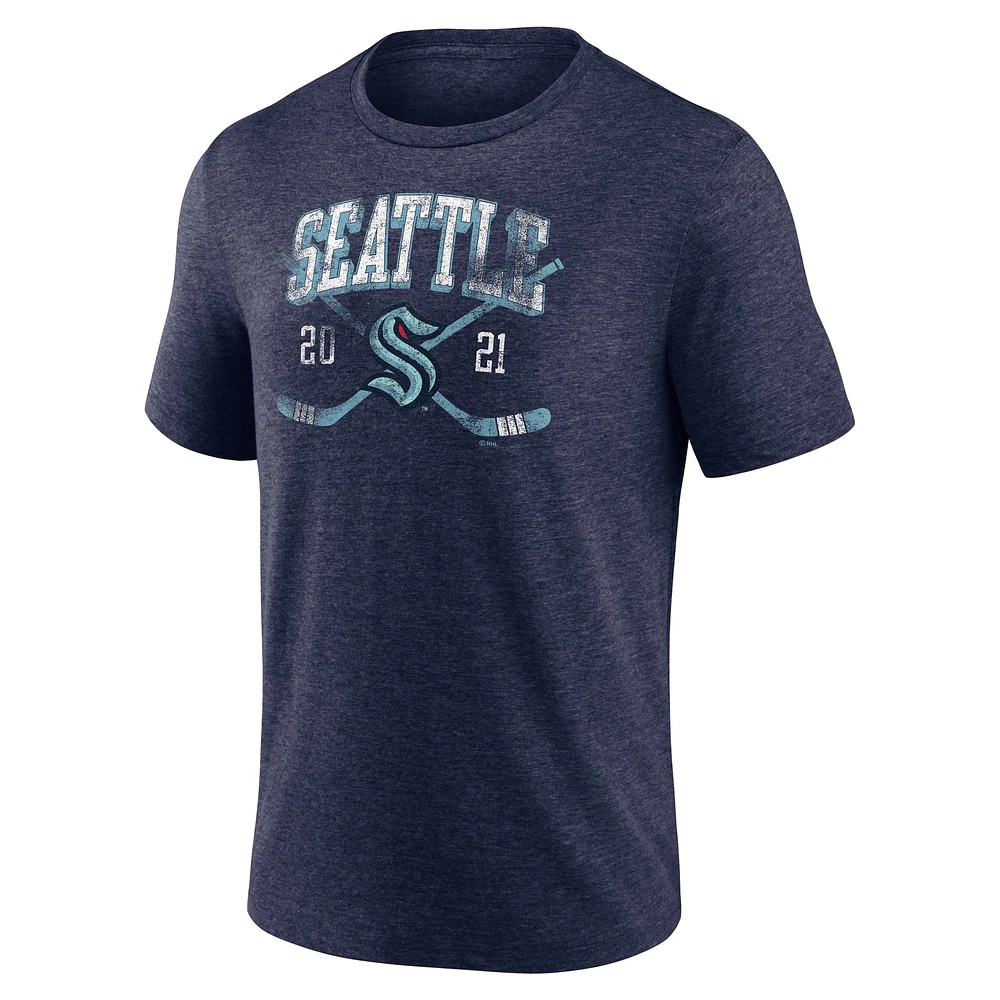 Men's Fanatics Heather Navy Seattle Kraken Line Shift Tri-Blend T-Shirt