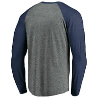 Men's Fanatics Heathered Gray/Heathered Deep Sea Blue Seattle Kraken Team - Tri-Blend Raglan Long Sleeve T-Shirt