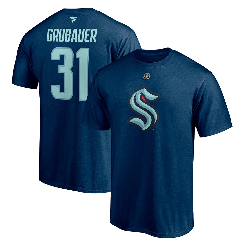 Fanatics pour hommes Philipp Grubauer Deep Sea Blue Seattle Kraken Authentic Stack Name & Number T-shirt