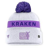 Bonnet tricoté à revers avec pompon pour homme Fanatics White Seattle Kraken Hockey Fights Cancer