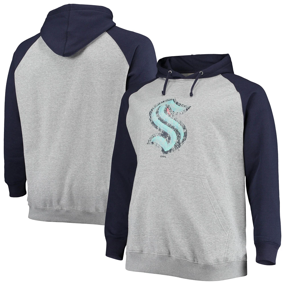 Men's Heathered Gray/Deep Sea Blue Seattle Kraken Big & Tall Raglan Pullover Hoodie