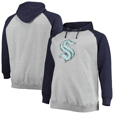 Men's Heathered Gray/Deep Sea Blue Seattle Kraken Big & Tall Raglan Pullover Hoodie