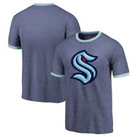 Men's Majestic Threads Heathered Deep Sea Blue Seattle Kraken Ringer Contrast Tri-Blend T-Shirt