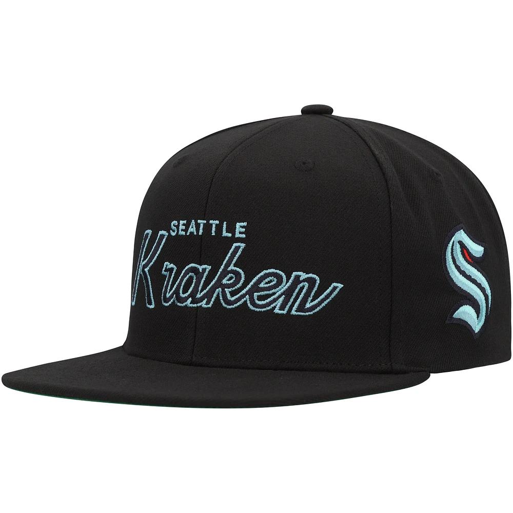 Men's Mitchell & Ness Black Seattle Kraken Core Team Script 2.0 Snapback Hat