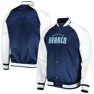 Veste à bouton-pression en satin Seattle Kraken Primetime Raglan Deep Sea bleu/blanc Mitchell & Ness pour hommes