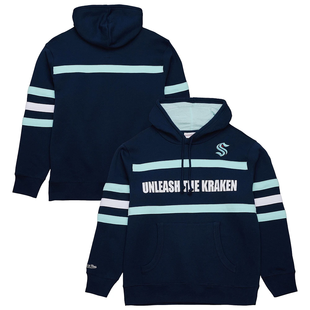 Men's Mitchell & Ness Deep Sea Blue Seattle Kraken Head Coach Slogan Pullover Hoodie
