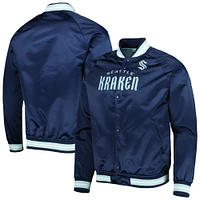 Veste universitaire raglan à bouton-pression en satin Seattle Kraken Deep Sea Blue Mitchell & Ness pour hommes