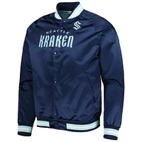 Veste universitaire raglan à bouton-pression en satin Seattle Kraken Deep Sea Blue Mitchell & Ness pour hommes