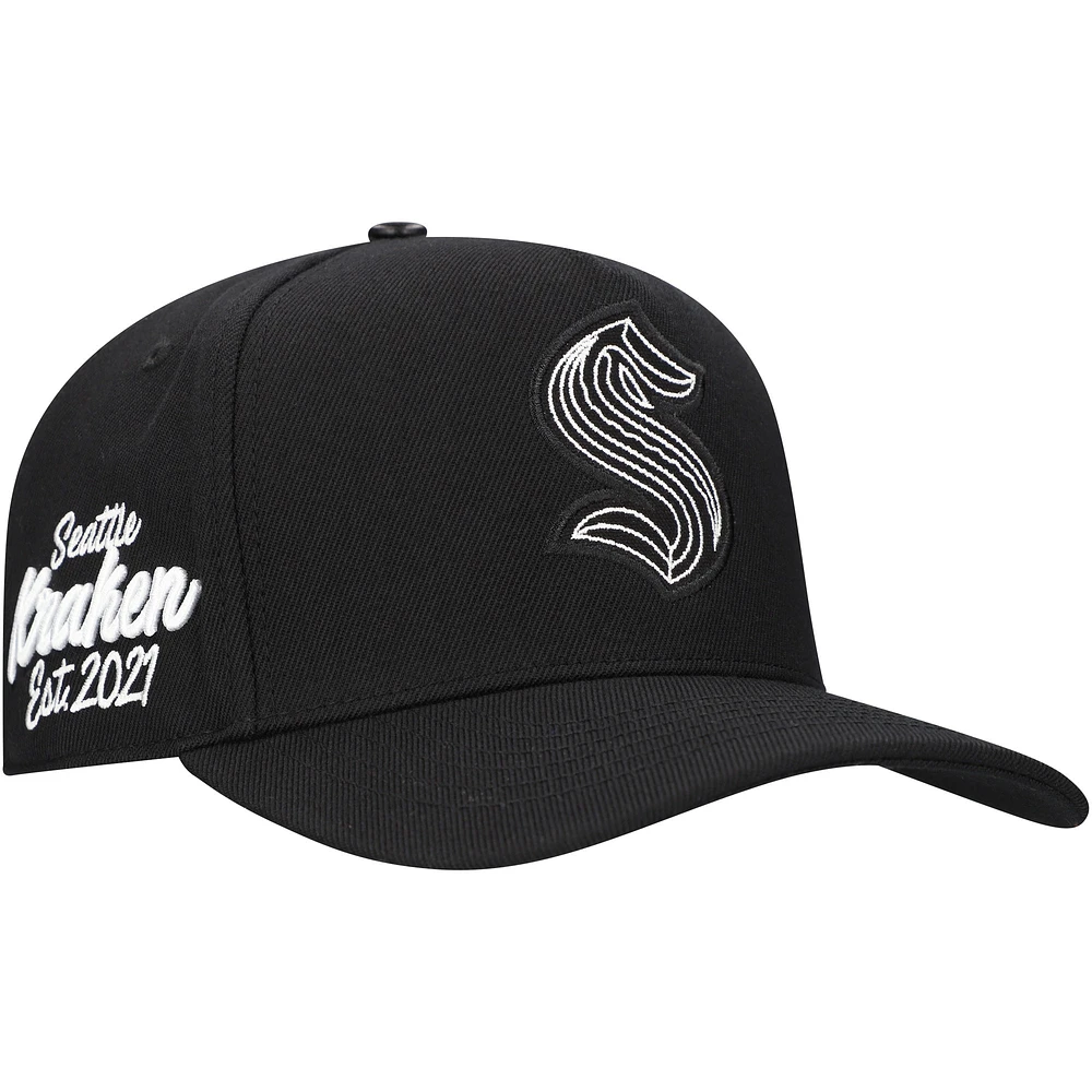 Casquette Snapback Pro Standard noire Seattle Kraken Paint the City Pinch Front pour hommes