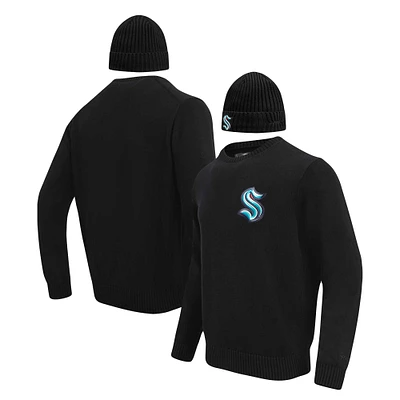 Men's Pro Standard Black Seattle Kraken Pullover Sweater & Cuffed Knit Hat Box Gift Set