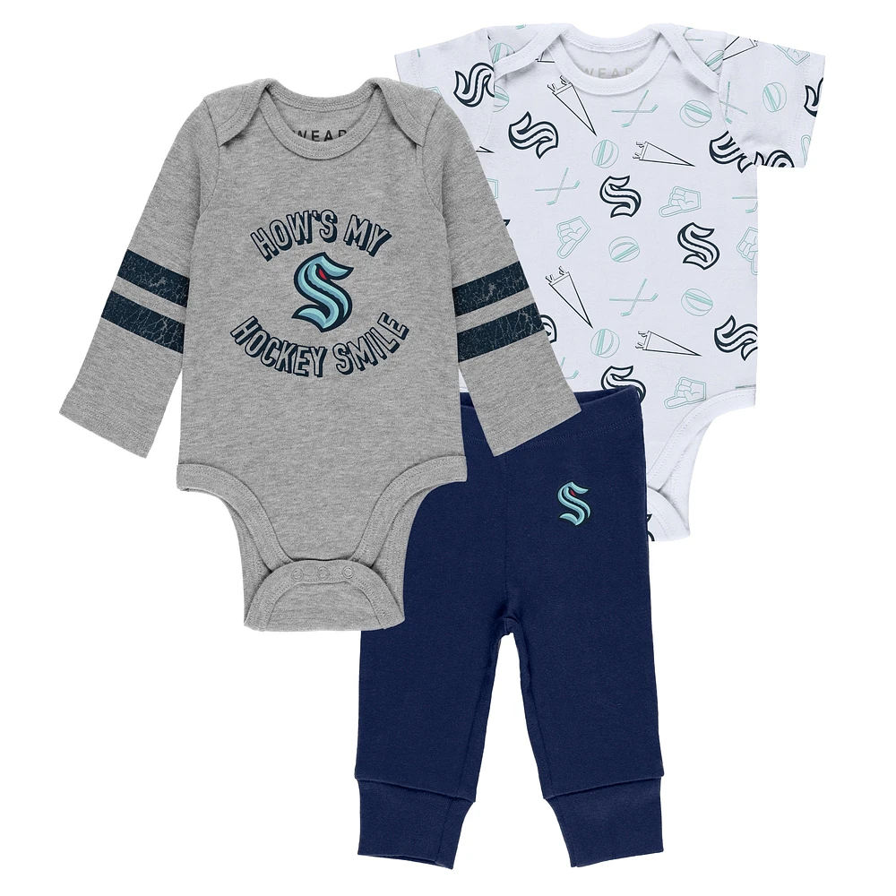 Newborn & Infant WEAR by Erin Andrews Gray/White/Navy Seattle Kraken Three-Piece Turn Me Around Bodysuit Pants Set